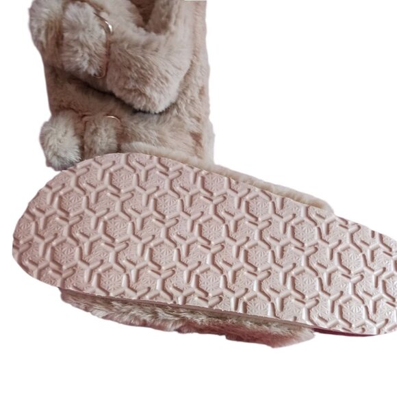 Fitory Faux Fur Open-Toe Slide Slippers W/ Adjustable Straps & Cork Sole Camel 6 - Picture 7 of 8